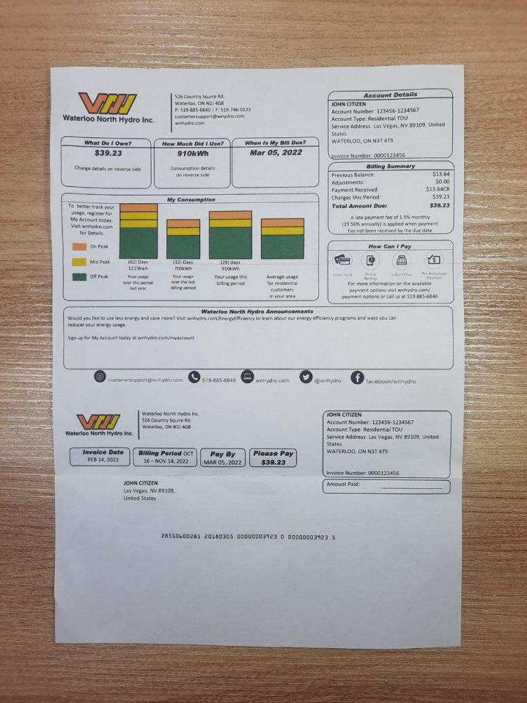 On-paper version of Canada Waterloo North Hydro customer bill