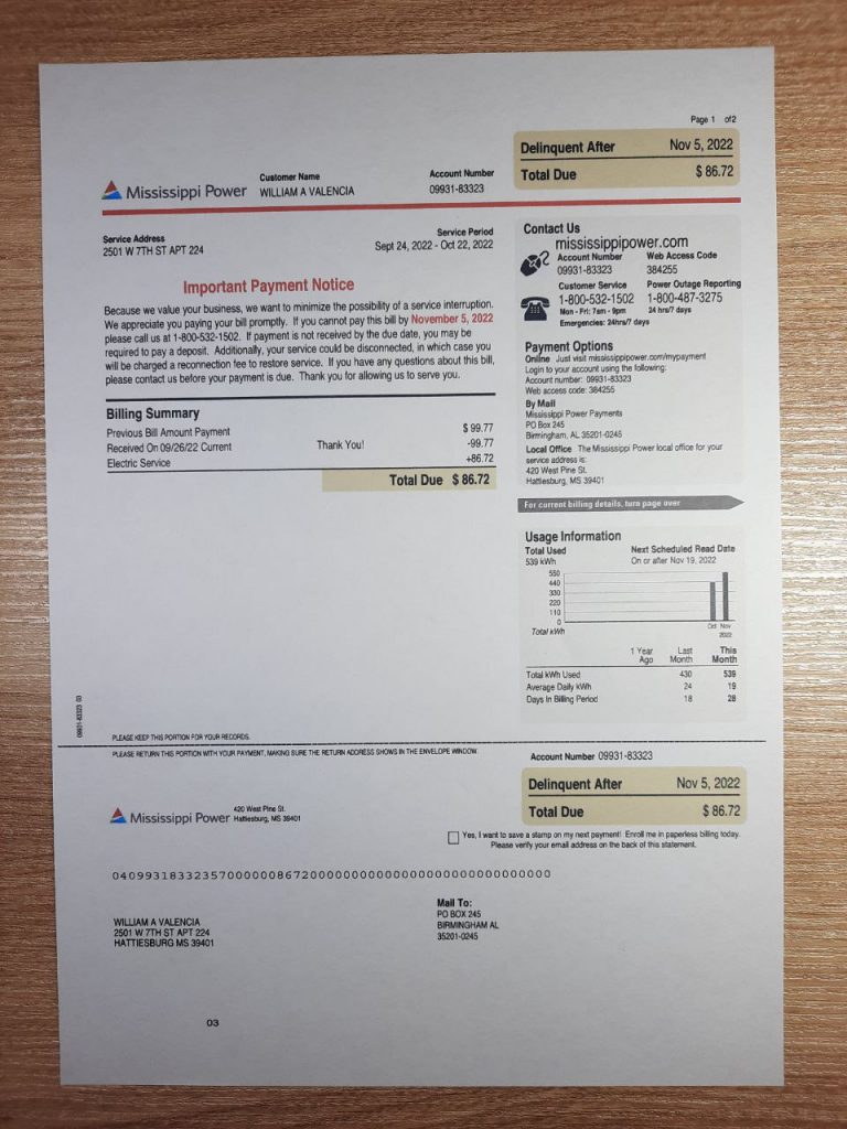 Mississippi Power residential bill displayed on a table