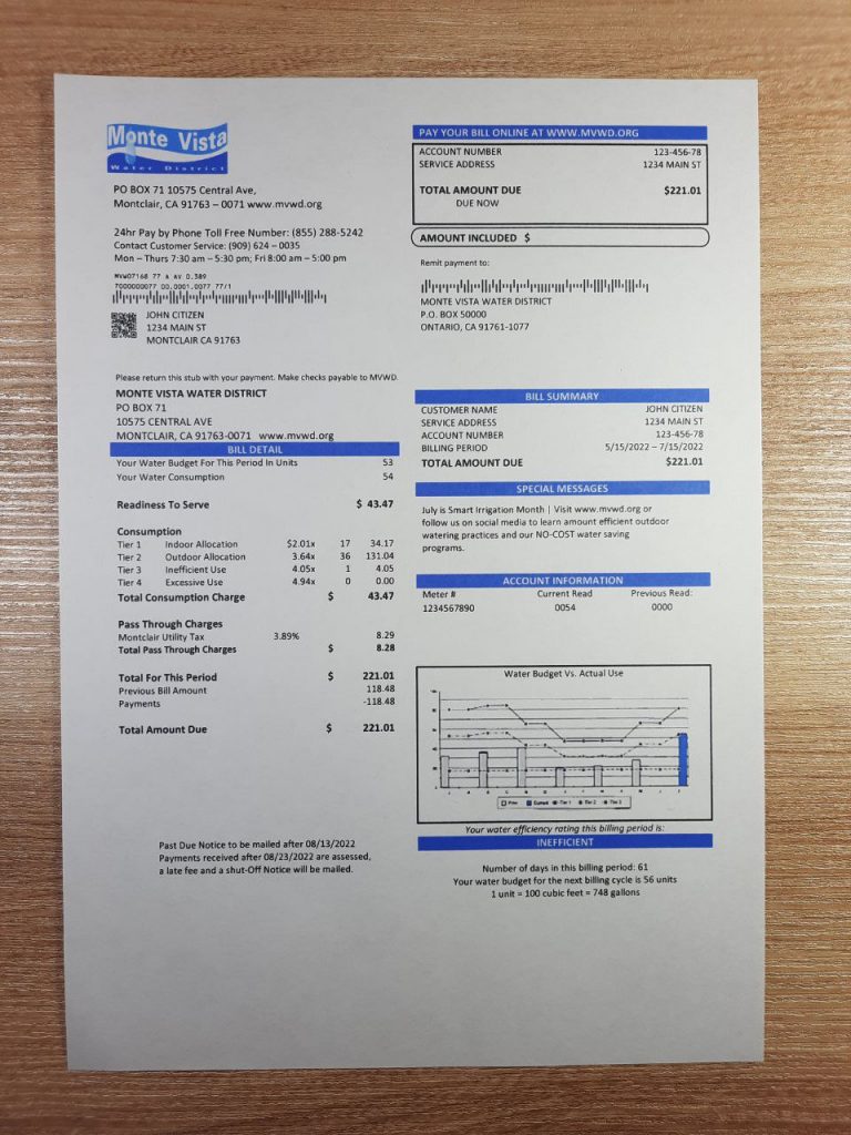 Verified California Monte Vista Water District billing format for training or testing