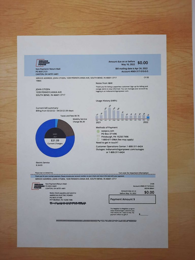 Aep Indiana electricity bill preview in natural lighting