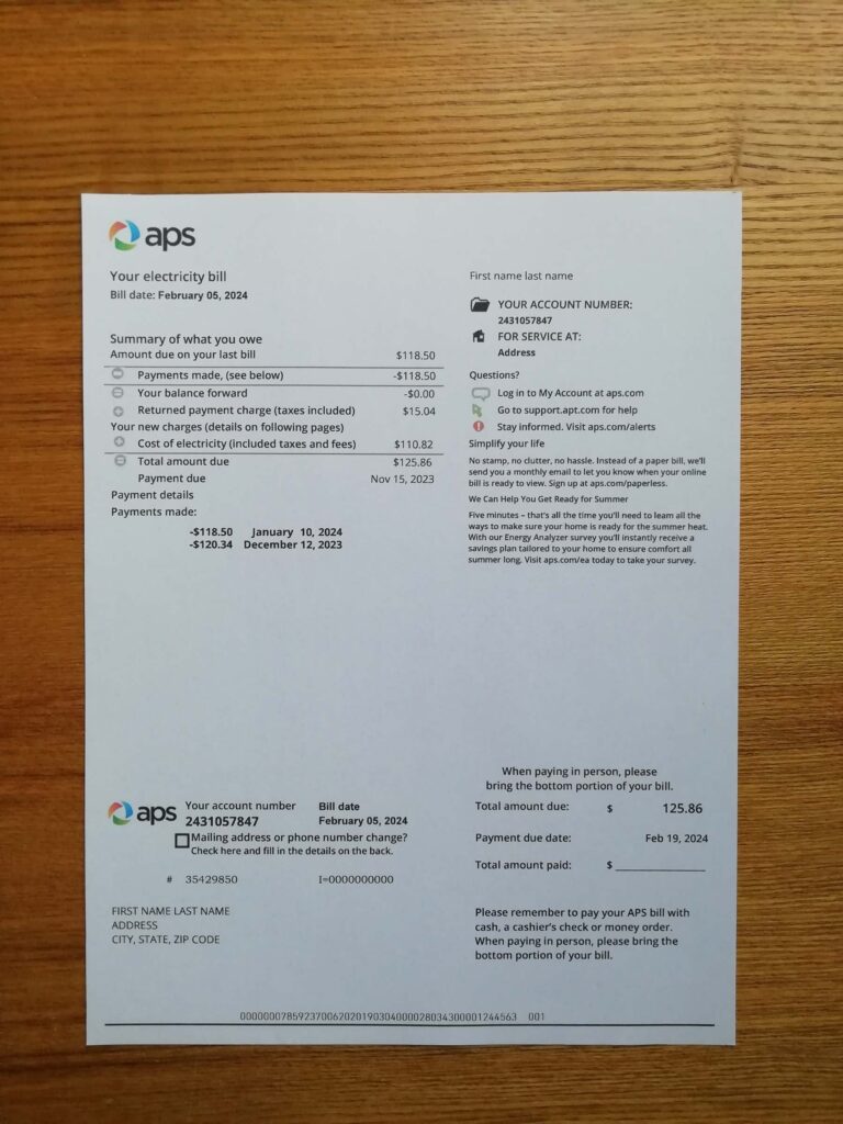 Document-style Arizona APS real invoice image