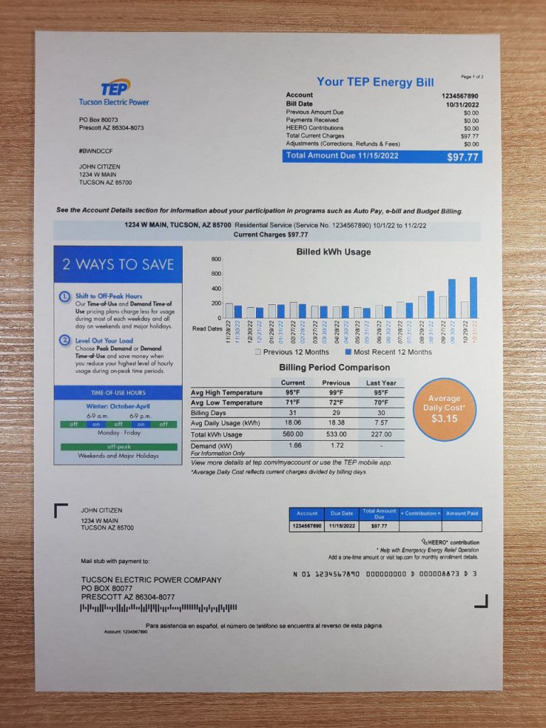 Photographed version of editable Arizona Tucson electric power (TEP) invoice