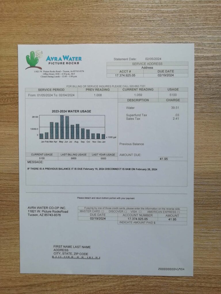Template of Arizona Avra Water utility file in physical form