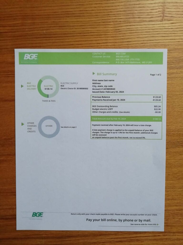 Photographed version of editable Maryland Gas and Electric (BGE) Utility Bill Template invoice