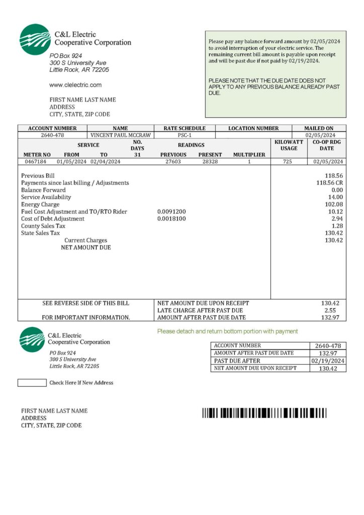 Editable C & L Electric Utility Bill Template – Arkansas 2025