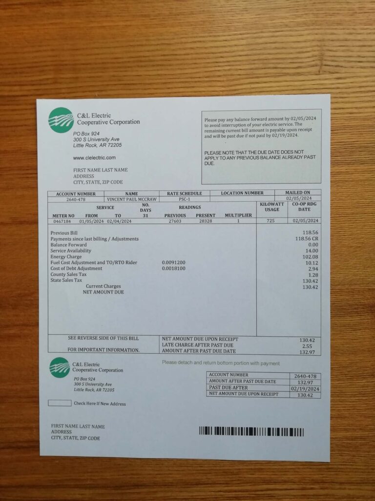 A4-format Arkansas C & L Electric utility paper example