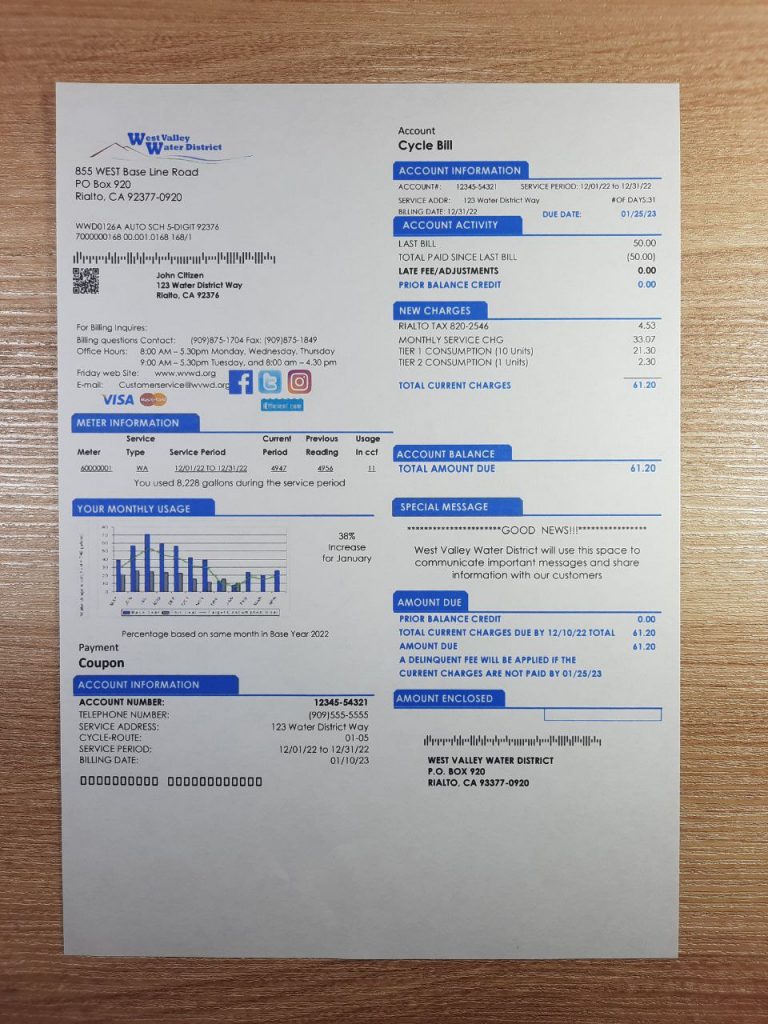 Photo of printed West Valley Water District utility bill used in  California