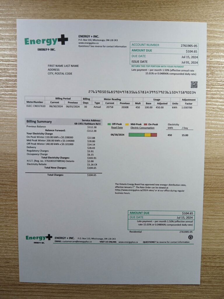 Utility proof from Canada Energy Plus shown on desk