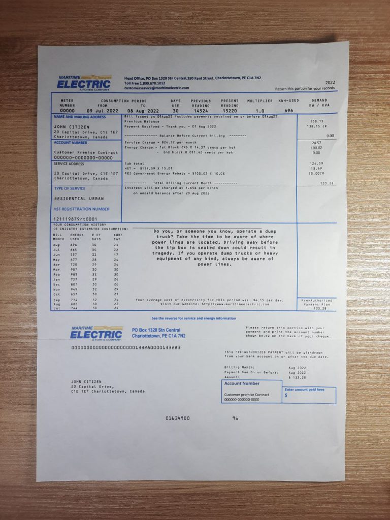 Document-style Canada Maritime Electric invoice image