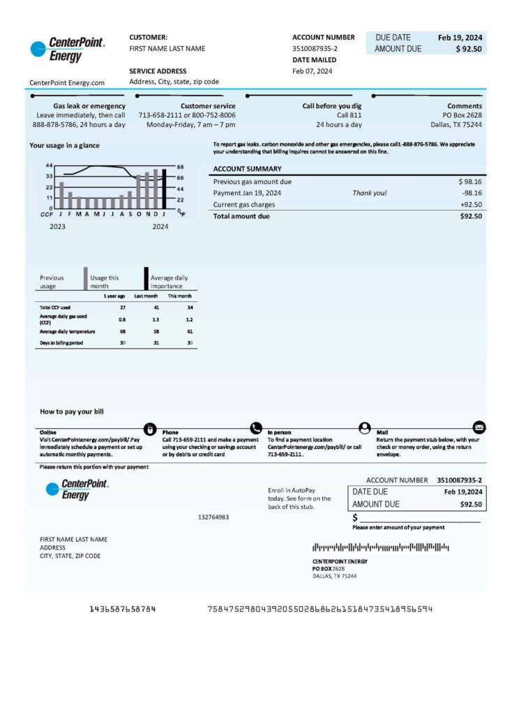 Center Point Clean layout of Center Point electricity bill – editable Texas version