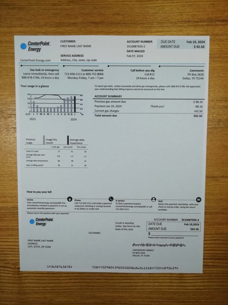 High-resolution image of Texas Center Point Energy billing format