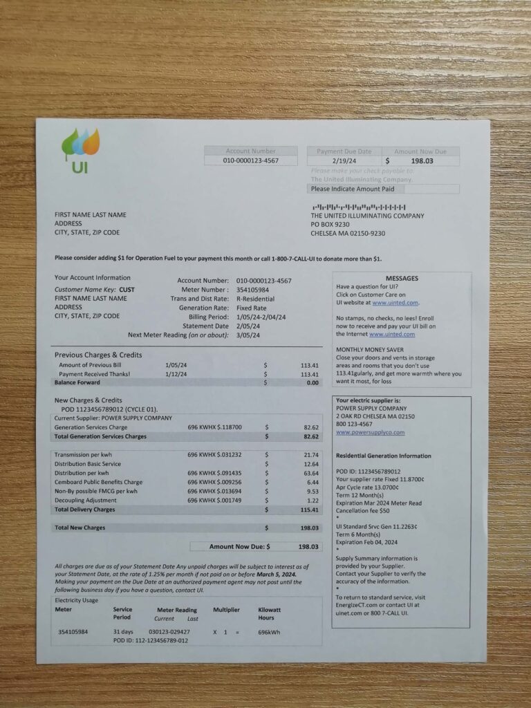 A4-format Massachusetts Chelsea SCG and The United Illuminating utility paper example