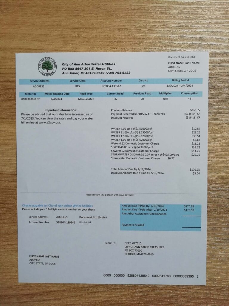 Physical Michigan Ann Arbor Water utility bill snapshot for review