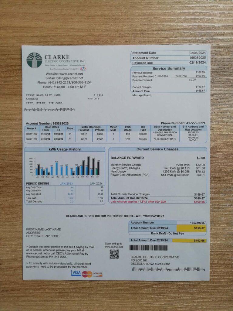 Clarke IOWA Electric paper bill mockup for identity purposes