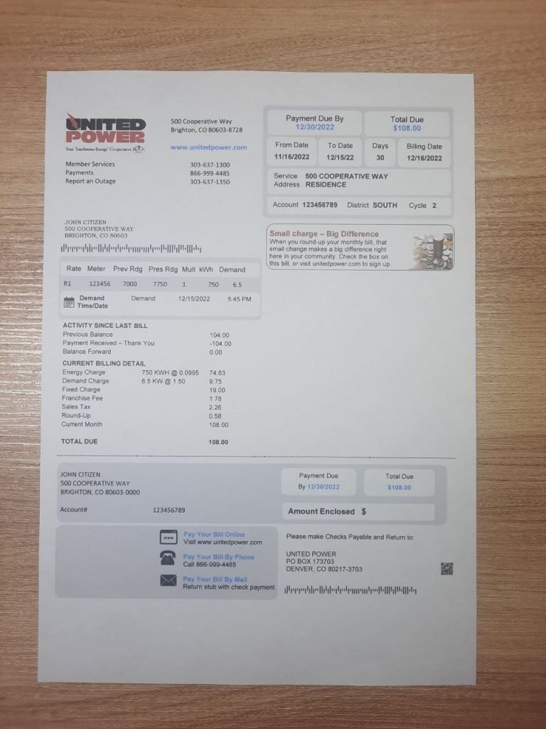 Colorado United Power utility bill captured for sample usage