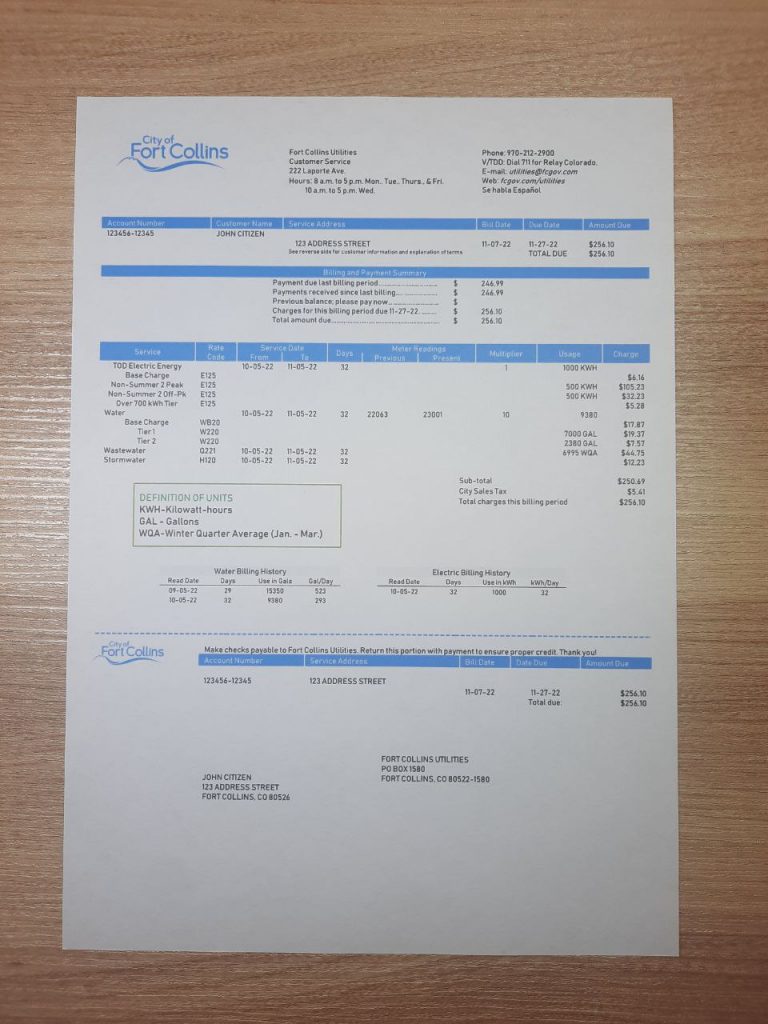 Address proof using Fort Collins Energy Colorado utility bill
