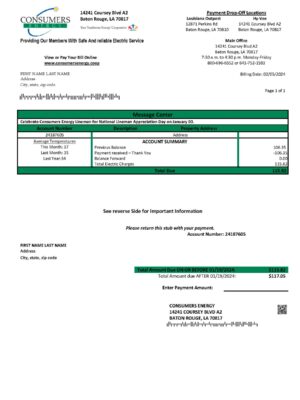 Consumers Energy utility bill from {State} – customizable PDF for address proof
