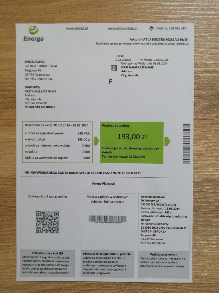 Poland Energa billing layout printed and photographed