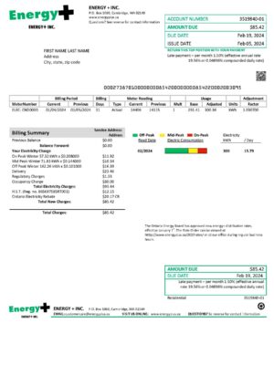 Clean layout of Energy Plus {utility type} bill – editable Canada version