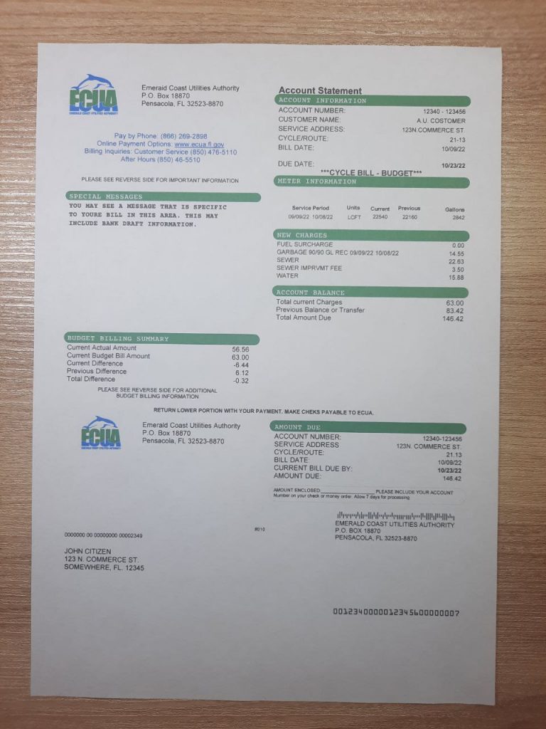 Editable ECUA utility invoice from Florida in paper format