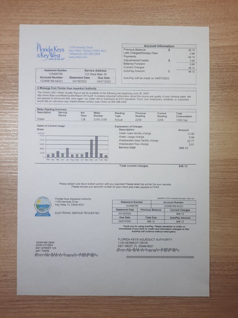 Florida Keys residential utility bill photographed on desk