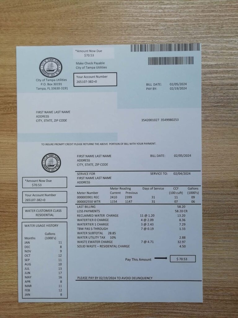 Generic Florida water bill template