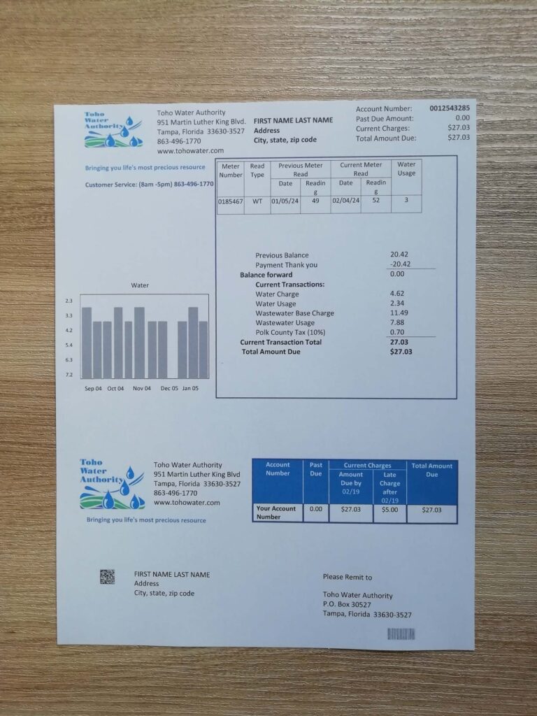 Toho Water Florida utility bill