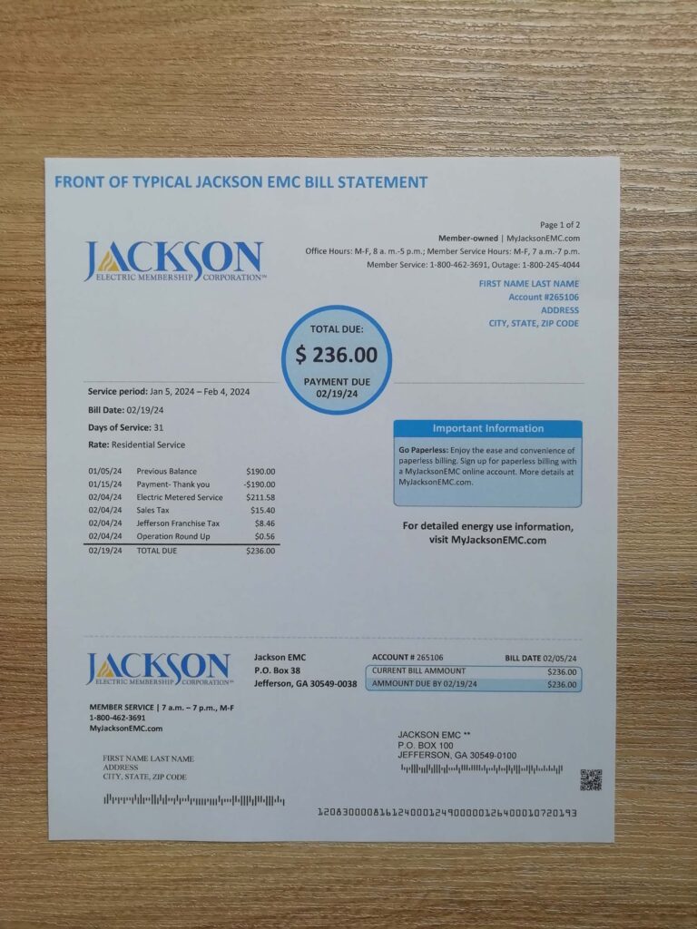 Realistic JACKSON georgia power utility bill on desk