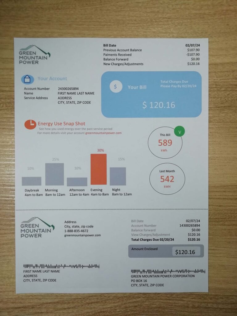 Oregon Green Mountain Energy billing statement image on wood surface Updated Version