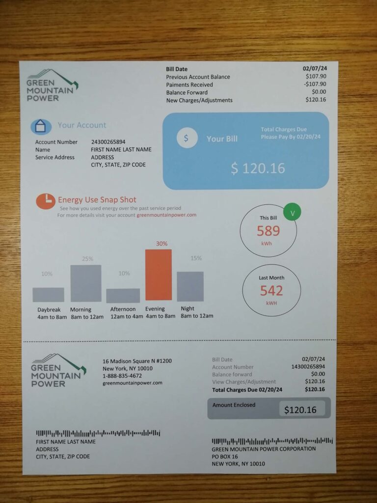 Editable New York Green Mountain Power invoice template printed and pictured