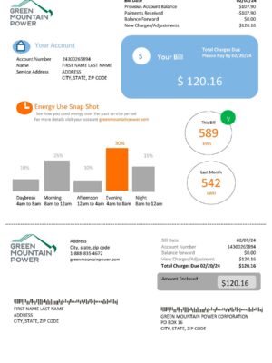 Green Mountain Energy electricity bill in PDF format with realistic account layout, service address, and usage details for demonstration use.