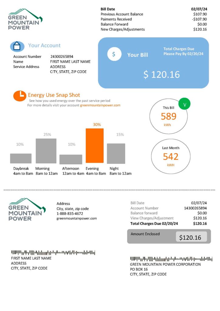 Green Mountain Energy electricity bill in PDF format with realistic account layout, service address, and usage details for demonstration use.