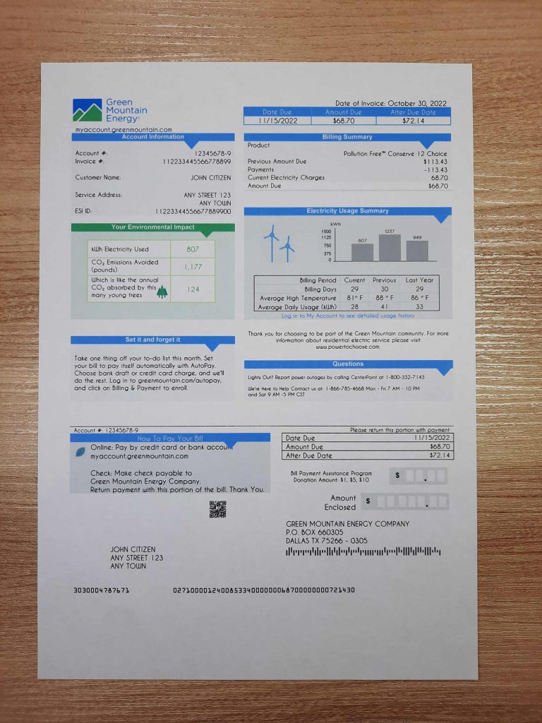 Green Mountain Energy utility bill