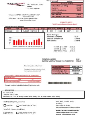 High West Energy utility bill from Wyoming – customizable PDF for address proof
