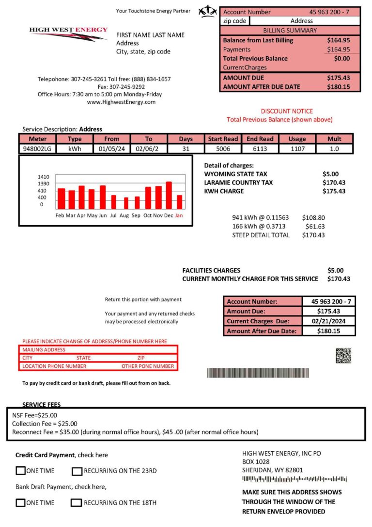High West Energy utility bill from Wyoming – customizable PDF for address proof