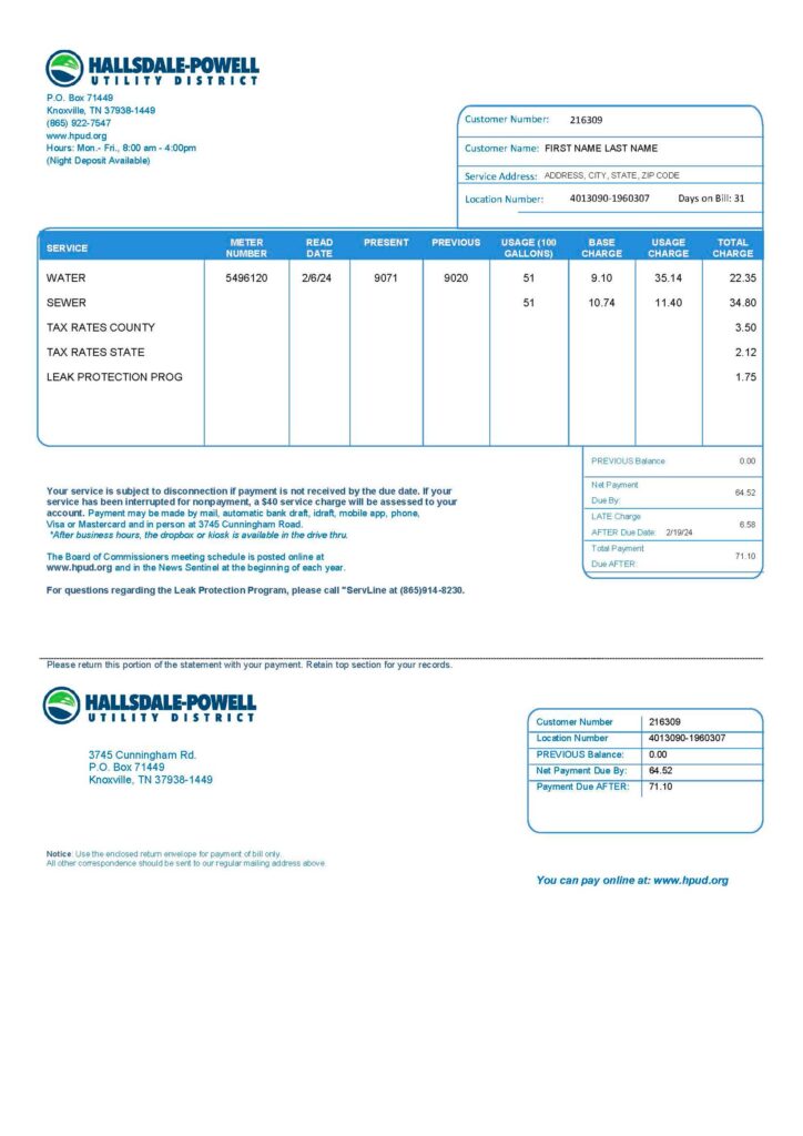 Tennesse utility bill template