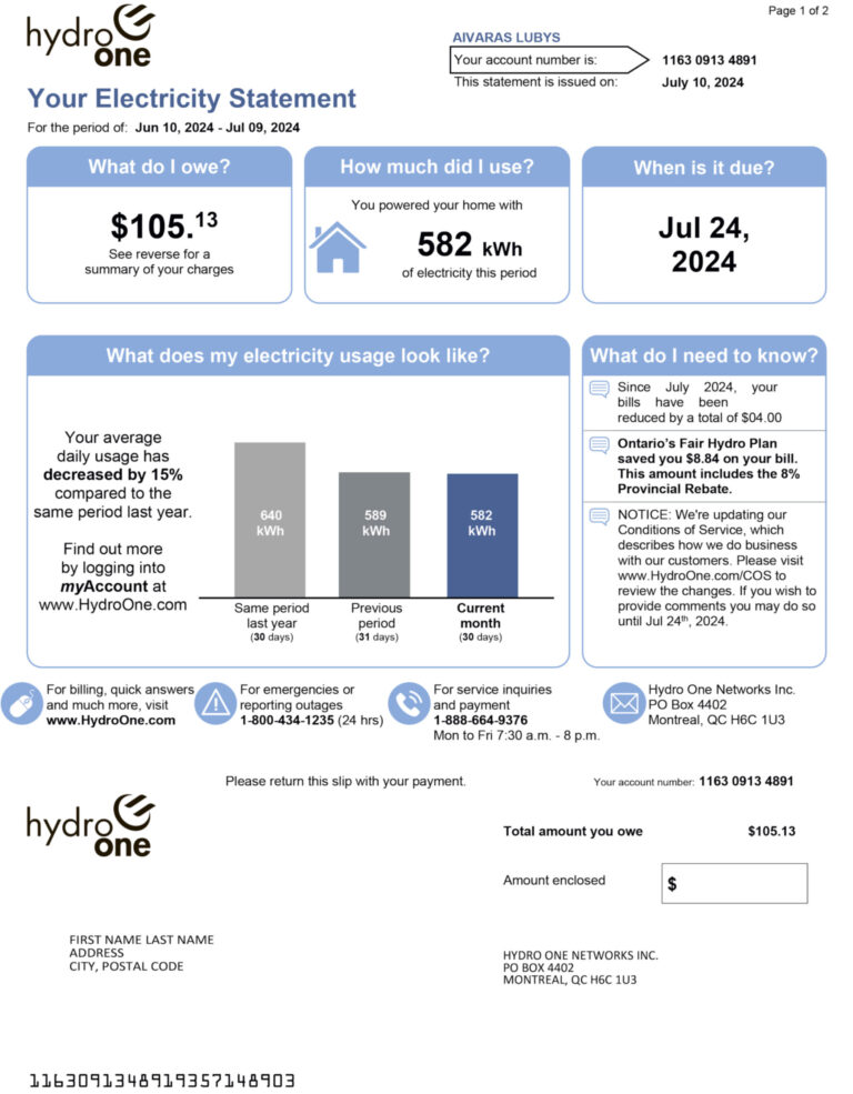 Hydro One Bill Template for Proof of Address in Ontario, Canada ...