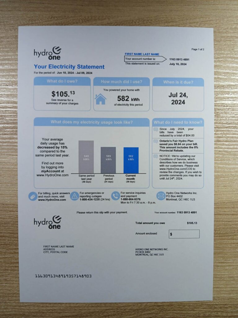 Canada Hydro One bill preview in natural lighting