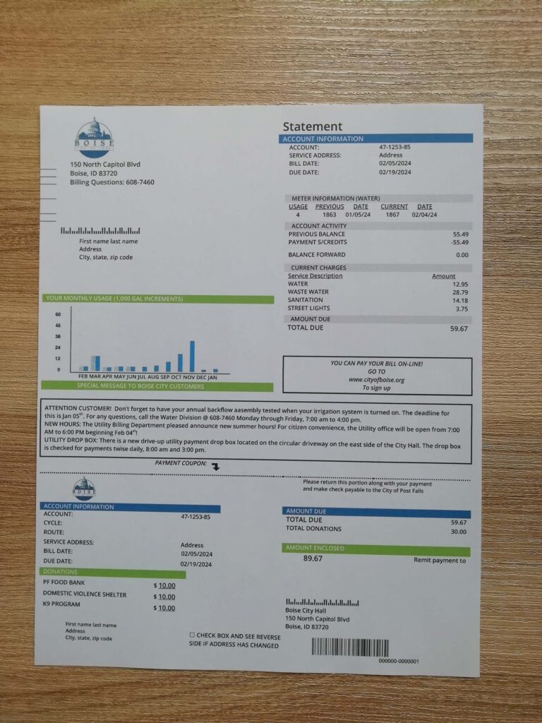 Printed Idaho utility form captured in daylight