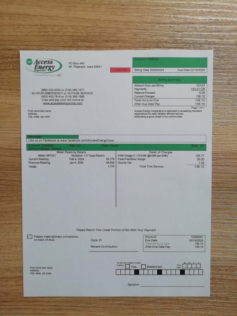 USA Iowa Access Energy Cooperative utility bill photo on desk
