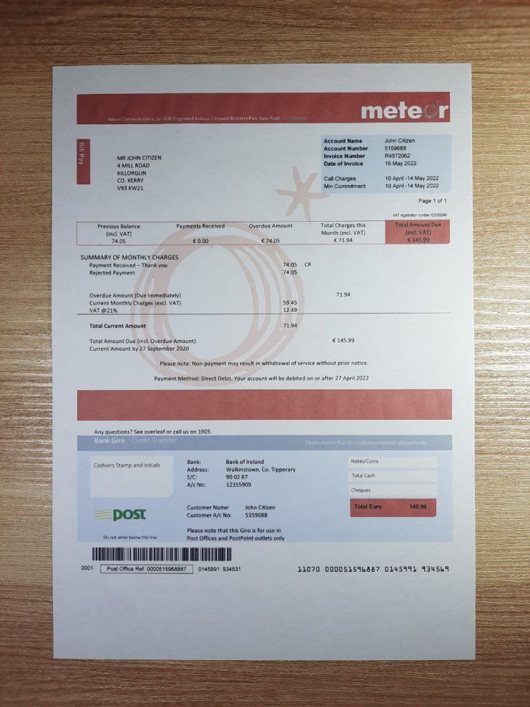 Photographed version of editable Ireland Meteor utility invoice