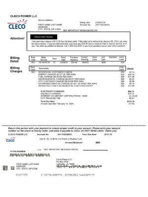 Clean layout of Cleco {utility type} bill – editable Louisiana version