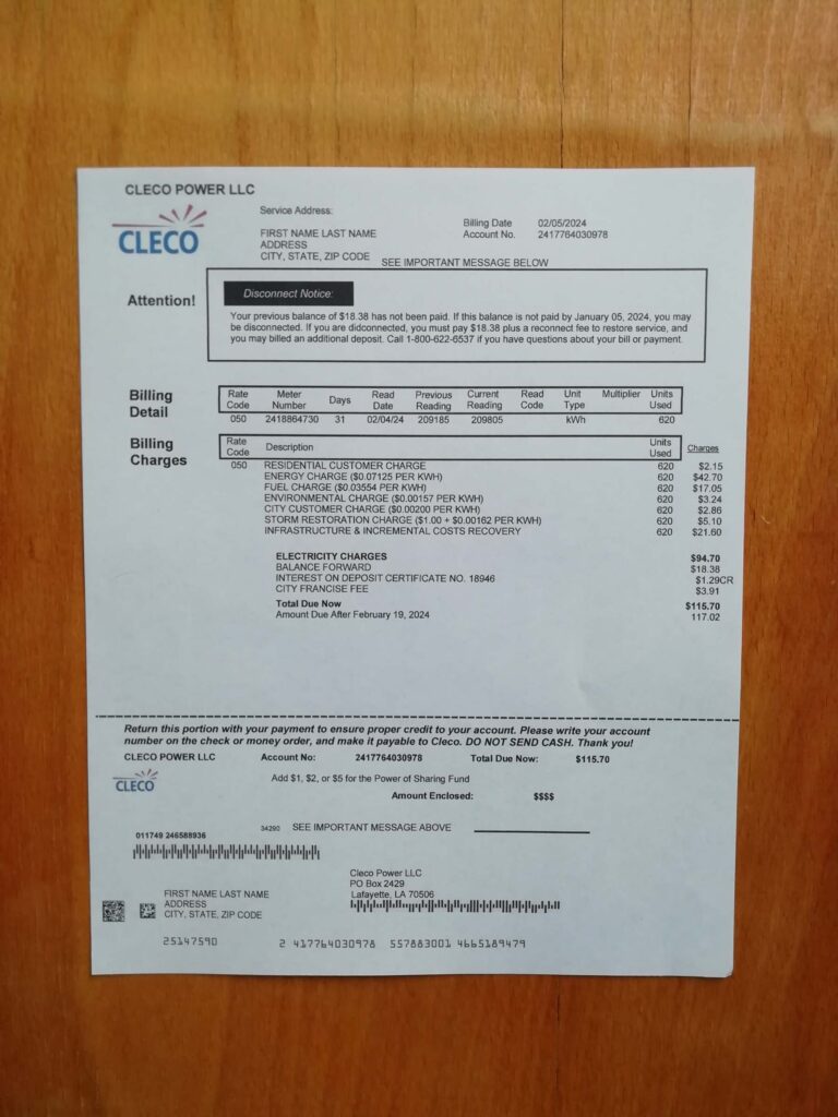 Real photo of Cleco Power Utility Bill Template