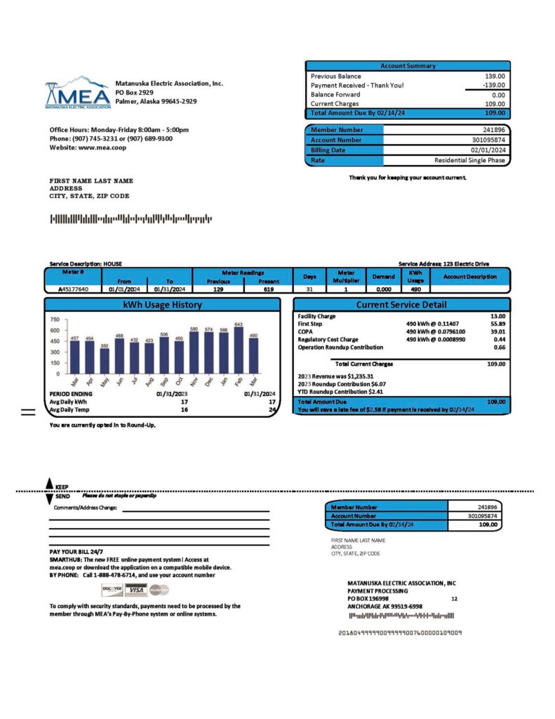 MEA electricity statement from Alaska – modifiable PDF template