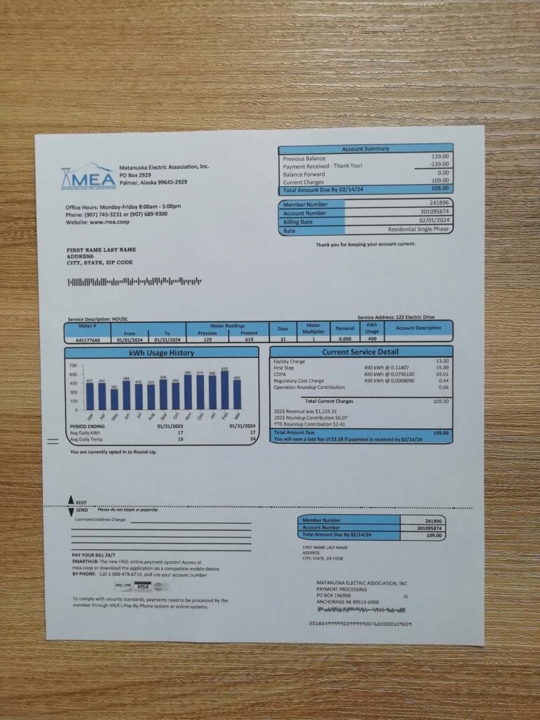 MEA Alaska electricity bill printed and shown