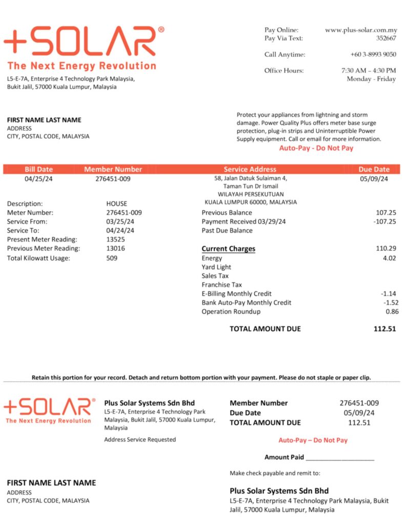 Editable electric bill template – Malaysia Solar sample in PDF