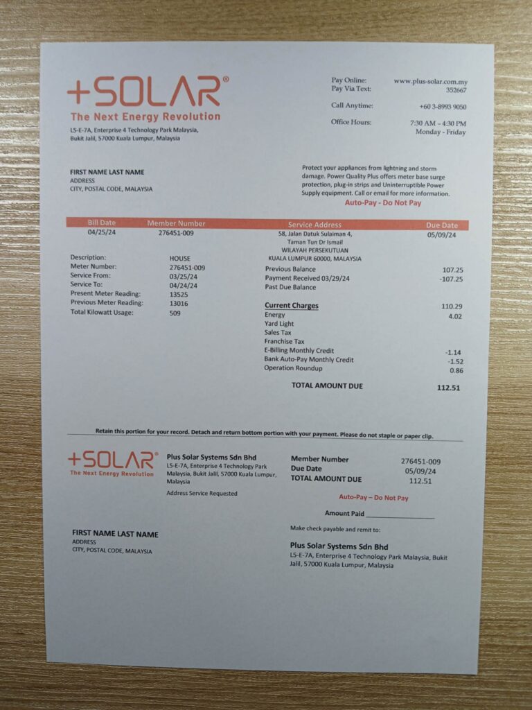 Sample proof of address from Malaysia Plus Solar utility photo