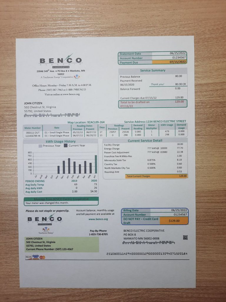 Editable Minnesota BENCO Electric invoice template printed and pictured