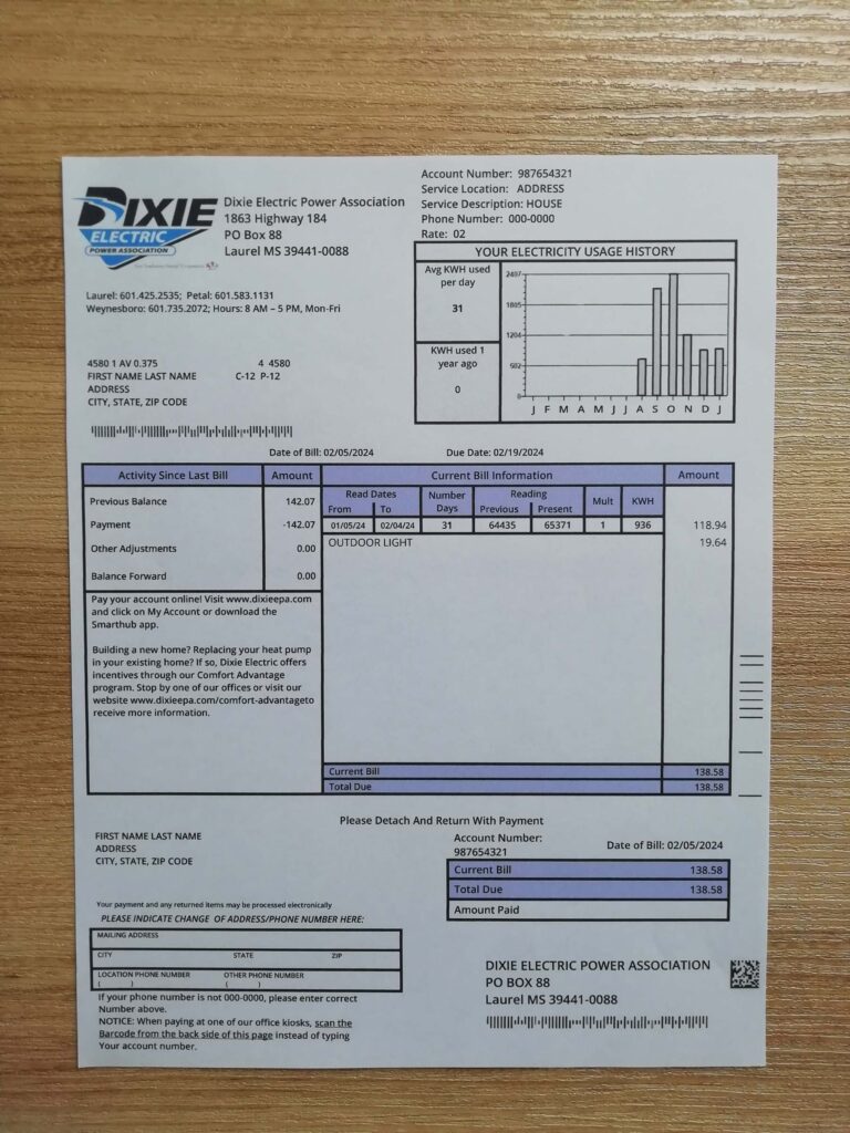 Sample Dixie Electric in Mississippi statement captured on real background