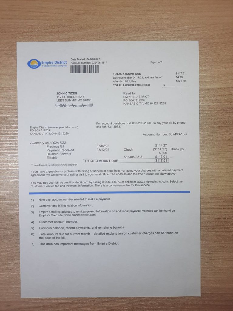 Handheld Missouri Empire District Electric statement image for simulation